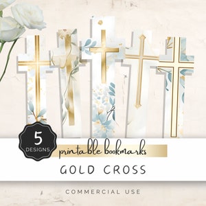 Marcador Imprimible Cruz de Oro, Marcadores Religiosos de Acuarela en Pastel, para Bautismo o Confirmación, 5 Diseños Cristianos a Juego / UC701