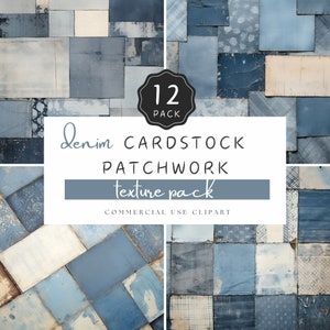 Patchwork in cartoncino denim, carta per diario spazzatura con texture vintage, confezione da 12 jpeg, blu invecchiato, per l’artigianato digitale e la stampa, UC402