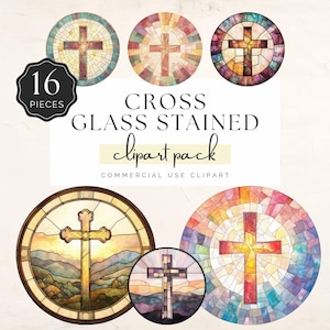 Glasbemalte Fenster Clipart, Christliches Kreuz Aquarell inspiriert, zum Basteln und zur Herstellung runder Aufkleber, 16 PNG Grafiken | UC012