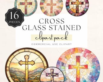 Clipart di vetrate colorate, croce cristiana ispirata all'acquerello, per creazioni artigianali e adesivi rotondi, 16 grafiche PNG / UC012