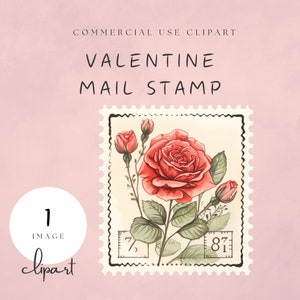 Valentine Mail Clipart Postage Stamp Sending Perforated Sides Red Roses Image Transparent PNG Digital Sticker Sublimation | UC107