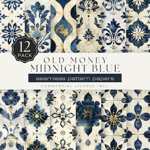 Old Money Midnight Blue Seamless Pattern Papers – 12 Vintage Tile-Inspired Digital Backgrounds for Luxury Projects & Crafts | UC301