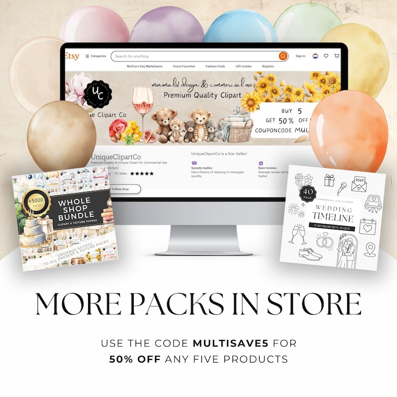 May include: A computer monitor displaying an Etsy shop with various clipart bundles. The shop features a banner with sunflowers and teddy bears. The image includes text that says "Whole Shop Bundle" and "Wedding Timeline."
