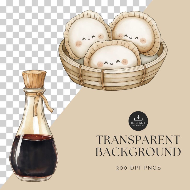 May include: Three cartoon dumplings in a bamboo steamer with a smiling face. A glass bottle of soy sauce with a cork lid.