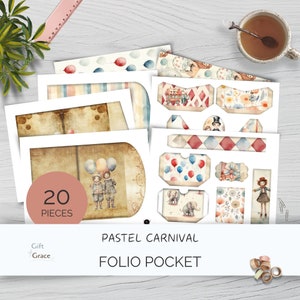 May include: A set of 20 printable paper craft pieces for creating a folio pocket. The design features a pastel carnival theme with balloons, clowns, and a vintage aesthetic. The text "Pastel Carnival Folio Pocket" is printed on the bottom of the image.