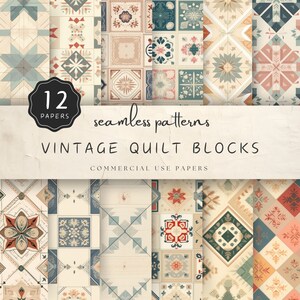 Könnte beinhalten: Zwölf nahtlose Muster mit Vintage-Patchwork-Blockdesigns in verschiedenen Farben, darunter Rot, Blau, Grün und Gelb. Die Muster eignen sich perfekt zum Quilten, Scrapbooking und für andere Bastelprojekte. "12 Papers" und "seamless patterns" sind auf dem Bild geschrieben.