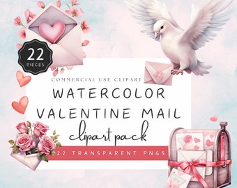May include: Watercolor Valentine's Mail clipart pack featuring 22 transparent PNGs. The image includes a white dove, pink hearts, envelopes, roses, and a mailbox. The text reads "Watercolor Valentine Mail Clipart Pack".