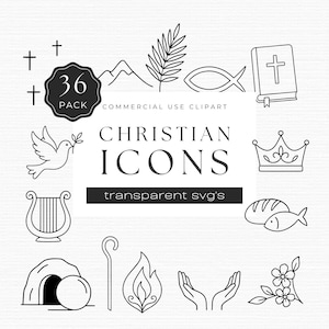 Icônes d'art chrétien - 36 Faith SVG pour la création d'un journal biblique, le culte et la conception de cliparts religieux, pour l'artisanat commercial | UC012