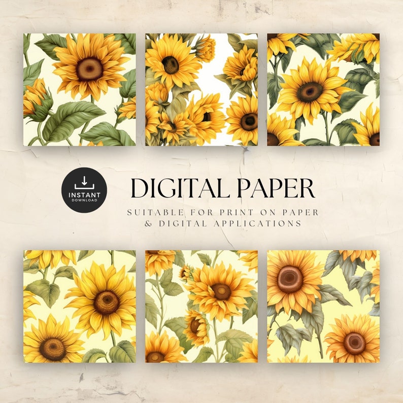Sunflower Seamless Digital Paper JPG, Watercolor Summer Flower Pattern ...