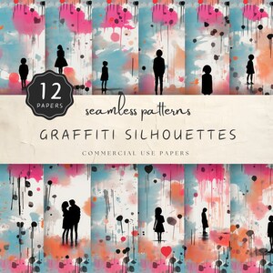 May include: Twelve seamless digital paper patterns featuring silhouettes of people in various poses against a colorful background of pink, blue, and orange watercolor splatters. The text "12 Papers" and "Graffiti Silhouettes" is displayed on the image.