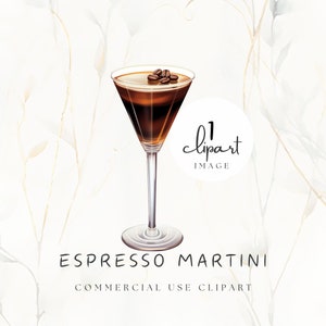 Espresso Martini Clipart para uso comercial, copo de coquetel de grãos de café PNG, tendência POD em camisa ou decore seu menu de bebidas | UC005