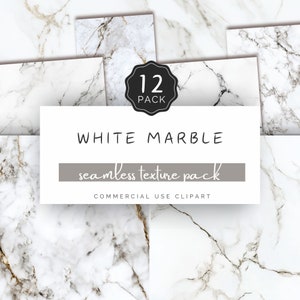 May include: A digital download of 12 seamless white marble textures. The textures are perfect for adding a touch of elegance to your designs.  The text "WHITE MARBLE seamless texture pack COMMERCIAL USE CLIPART" is displayed on a white rectangle.