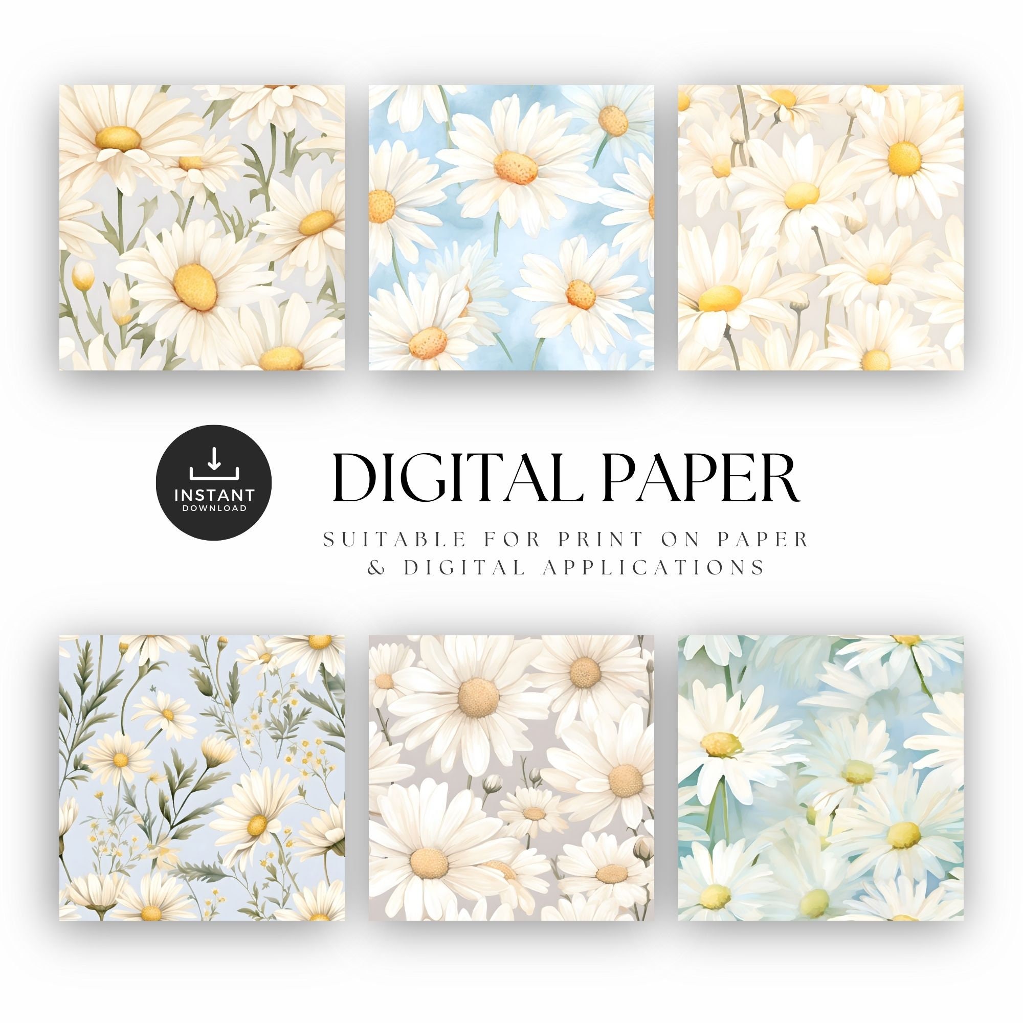 Screenprint Daisy Daisy Digital Paper, Watercolor Daisy With Blue Background, Cream ...
