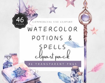 May include: A watercolor clipart pack with 46 transparent PNGs featuring potions, spells, a witch's hat, a magic wand, a book of spells, and stars.  The text "COMMERCIAL USE CLIPART" and "WATERCOLOR POTIONS & SPELLS clipart pack" is included in the image.