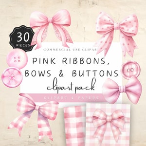 Clipart con fiocco a quadretti rosa, bottoni ad acquerello, fiocchi e bottoni, disegni regalo rosa pastello e cipria, 30 PNG per la creazione digitale di feste / UC006
