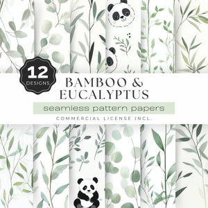 Digitaal papier eucalyptus en bamboe, groene plant achtergrond, panda voedsel clipart JPG, illustratie lange steel, naadloos patroon | UC301