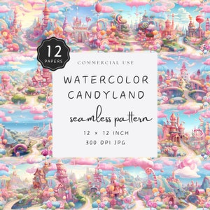 Candyland Digital Paper Pack, Nahtlose Muster Clipart JPG, Pink Lolly Land und Fantasy Schlösser, Kinder Geburtstagsparty | UC301