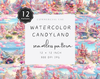 Candyland Digital Paper Pack, Seamless Pattern Clipart JPG, Pink Lolly Land and Fantasy Castles, Kids Birthday Party | UC301