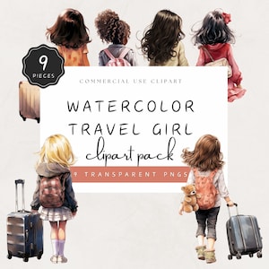 Travel Girl with Suitcase Clipart Watercolor, Young Schoolgirl Drawing from the Back, 9 Premium PNG's, Commercial Use | UC014