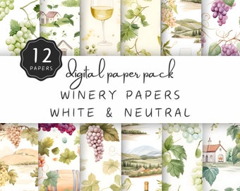 Winery Digital Paper, White Grape Wine, Vinyard Background, Bottles and Glasses JPG, Repetitive Tiles, Seamless Pattern | UC301