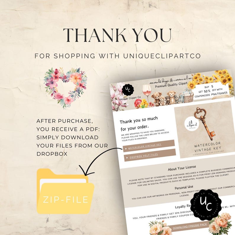 May include: A digital art print with the text "THANK YOU" and "FOR SHOPPING WITH UNIQUECLIPARTCO". The image includes a floral heart, a key illustration, and a zip file icon. The text also mentions Dropbox and a coupon code.