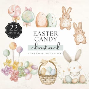 Easter Candy Clipart, Watercolor Kawaii Bunny Clipart, Easter Eggs, Spring Jellybeans, Basket Bow, 22 PNG Graphics | UC110