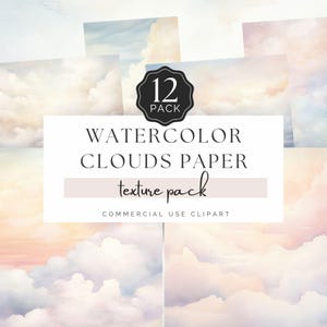 Papel digital de nuvens de aquarela, textura de fundo com luz solar e cores pastel, JPG neutro, para artesanato de uso comercial | UC302