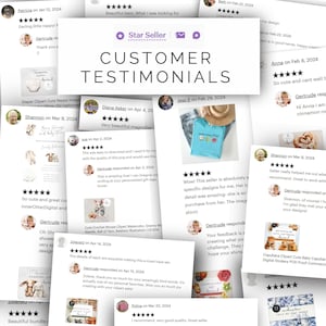 May include: A collage of customer testimonials for a digital clipart shop. The testimonials highlight the quality of the designs, the seller's responsiveness, and the overall positive experience. The image includes a variety of clipart designs, including a baby nappy, a crochet mouse, and a capybara.