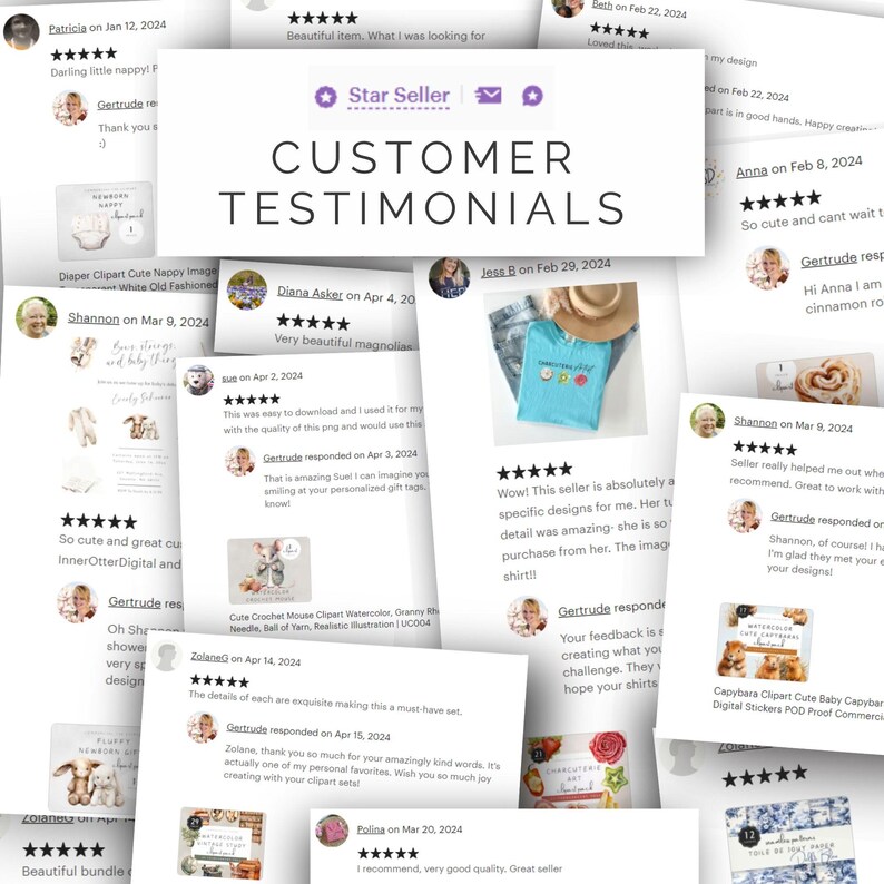 May include: A collage of customer testimonials for a digital clipart shop. The testimonials highlight the quality of the designs, the seller's responsiveness, and the overall positive experience. The image includes a variety of clipart designs, including a baby nappy, a crochet mouse, and a capybara.