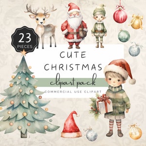Pack de cliparts Noël mignon, aquarelle père Noël et elfe, Noël enfant Vintage, arbre, 23 images PNG à usage commercial | UC105