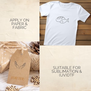 May include: White t-shirt with a black line drawing of a loaf of bread and a fish. The image also includes a brown tag with the words "FOR YOU" and the text "APPLY ON PAPER & FABRIC" and "SUITABLE FOR SUBLIMATION & (UV)DTF".