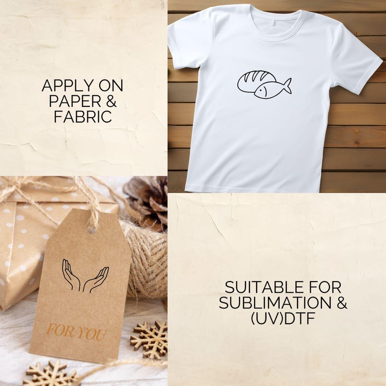 May include: White t-shirt with a black line drawing of a loaf of bread and a fish. The image also includes a brown tag with the words "FOR YOU" and the text "APPLY ON PAPER & FABRIC" and "SUITABLE FOR SUBLIMATION & (UV)DTF".