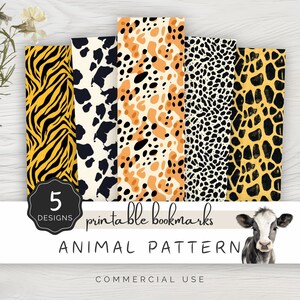 Könnte beinhalten: Fünf druckbare Lesezeichen mit Tiermuster. Die Muster umfassen Tigerstreifen, Kuhflecken, Leopardenflecken, Gepardenflecken und Giraffenflecken. Die Lesezeichen sind in Schwarz, Weiß, Gelb und Orange.