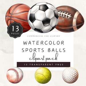Sports Balls Clipart Watercolor White and Black Soccer Ball Basketball Rugby Volleyball for Commercial Use | UC008