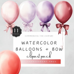 Watercolor Party Balloons Clipart Red Lilac Purple Balloon with Bow Graphics Pink Baby Shower PNG Commercial Use | UC006