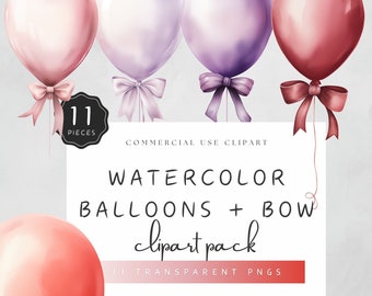 Watercolor Party Balloons Clipart Red Lilac Purple Balloon with Bow Graphics Pink Baby Shower PNG Commercial Use | UC006