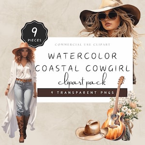 Coastal Cowgirl Clipart Watercolor Fashionable Uptown Girl Playing Country Music Guitar 9 Premium PNG Commercial Use | UC014