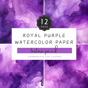 May include: A set of 12 digital watercolor paper textures in shades of purple. The textures are perfect for creating backgrounds, adding depth to designs, or creating unique effects. The text on the image reads "Royal Purple Watercolor Paper Texture Pack Commercial Use Clipart".