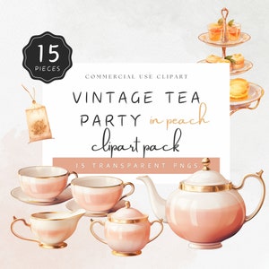 Tea Party vintage in pesca Clipart Vassoio da tè ad acquerello con teiera, tazze da tè, barattolo di zucchero, brocca di latte PNG / UC005