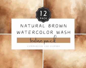 May include: A set of 12 natural brown watercolor wash textures. The textures are in a pack labeled "12 Pack" and "Natural Brown Watercolor Wash Texture Pack Commercial Use Clipart".