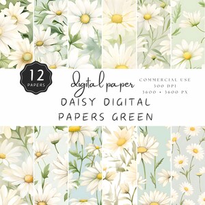 Daisy Digital Paper, Natural Floral Background, Green Wildflowers, Birthday Wrapping Paper Print, Seamless Pattern | UC301