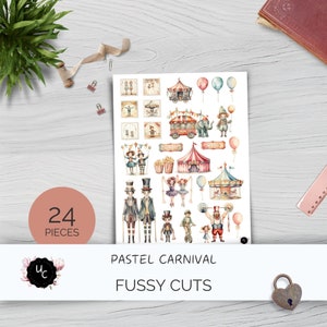 Junk Journal Fussy Cuts "Pastel Carnival": 26 imprimibles, calcomanías de payaso de circo vintage, manualidades de papel, hojas de collage de 11 x 8,5 / UC502