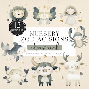Nursery Zodiac Signs Clipart, Sweet Virgo, Cute Scorpio, Neutral Libra, Pisces, 12 Watercolor PNG Graphics for Invites and Crafts | UC006