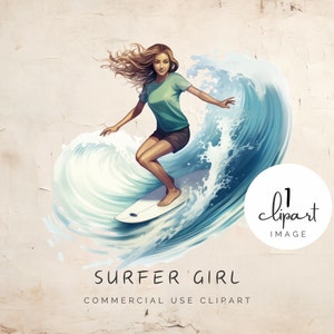Surf Board Girl Clipart, Ilustração de onda em aquarela perfeita para logotipo comercial, PNG gráfico transparente, artesanato e uso comercial | UC008