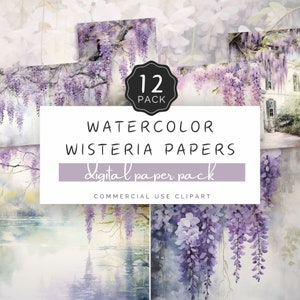 Papel de acuarela con glicinas, fondo floral morado colgante, hermoso paisaje exuberante, flores lilas, para impresión comercial y artesanal / UC302