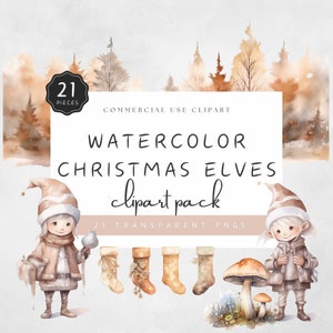 Christmas Elves Clipart Bundle Watercolor High Quality Transparent PNG 300 DPI Cute Elf in Neutral Pink Beige Digital Art | UC105