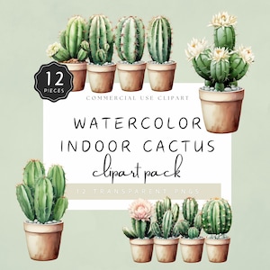 May include: A set of 12 watercolor illustrations of indoor cactus plants in pots. The cacti are in various shapes and sizes, with some having flowers. The illustrations are on a light green background. "COMMERCIAL USE CLIPART WATERCOLOR INDOOR CACTUS clipart pack 12 TRANSPARENT PNGS" is written in black text below the cacti.