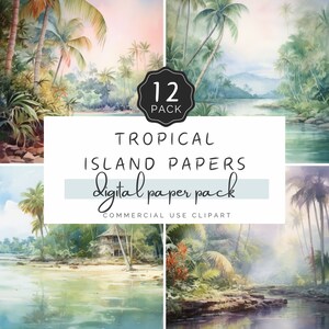 Paquete de papel digital de isla tropical, paisaje romántico de acuarela, telón de fondo de textura de lavado de playa abandonada, para artesanías de uso comercial / UC302