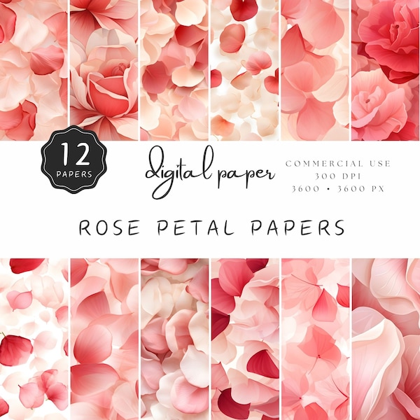 Rose Petal Papers, Watercolor Clipart Digital Paper, Red Rose Leaves, Cream Rose Pattern, Romantic Background, POD | UC301