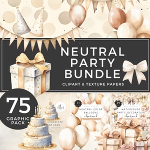 Neutral Party Essentials Clipart Bundle, Watercolor Wedding Shower Graphics, Birthday Cake, Background Paper, for Digital Creators | UC006